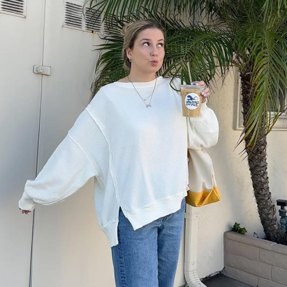 Aerie Waffle Knit Long-Sleeve White Crewneck, Size S